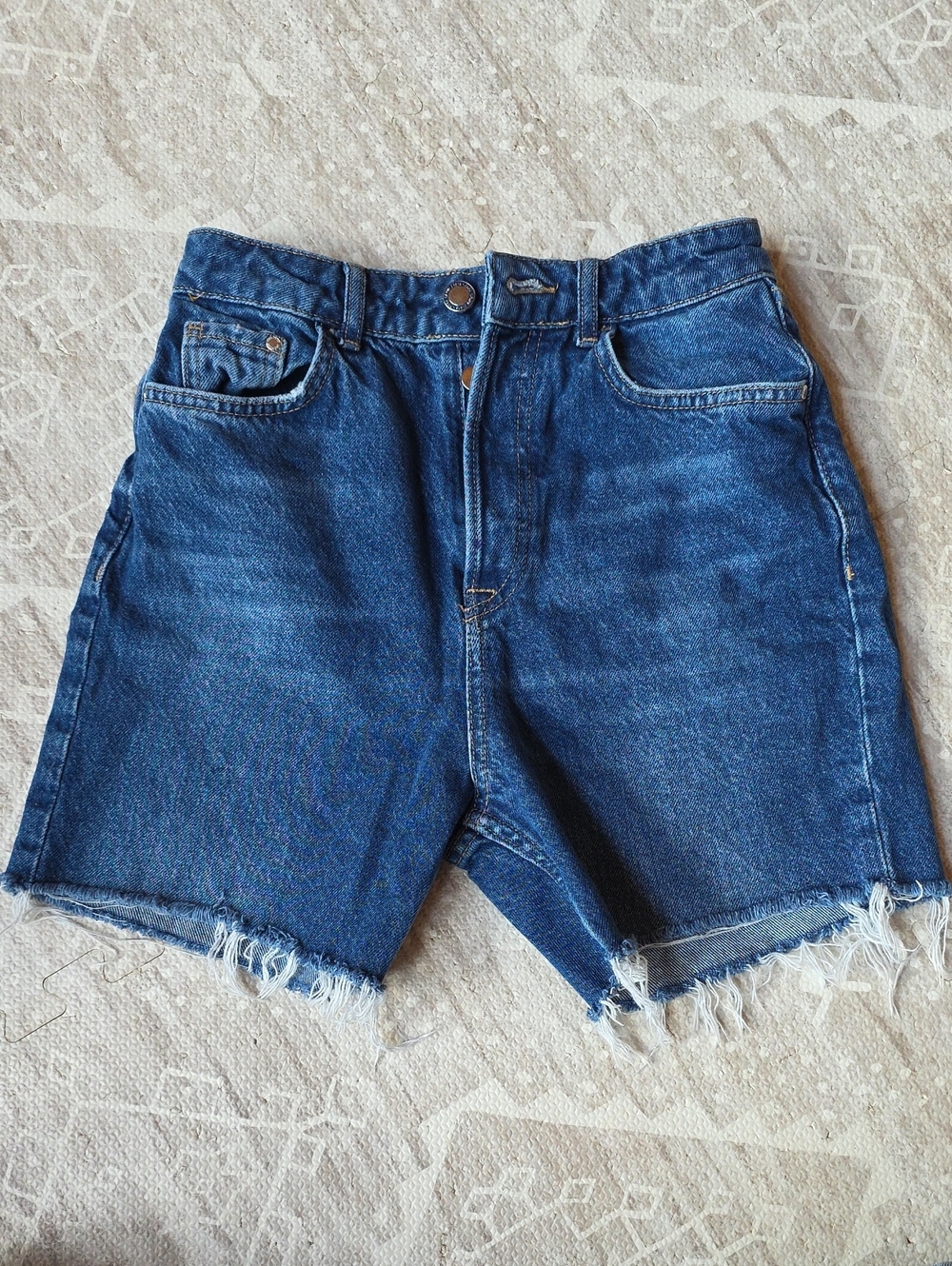 Zara Dark Blue High-Rise Frayed Hem Denim Shorts